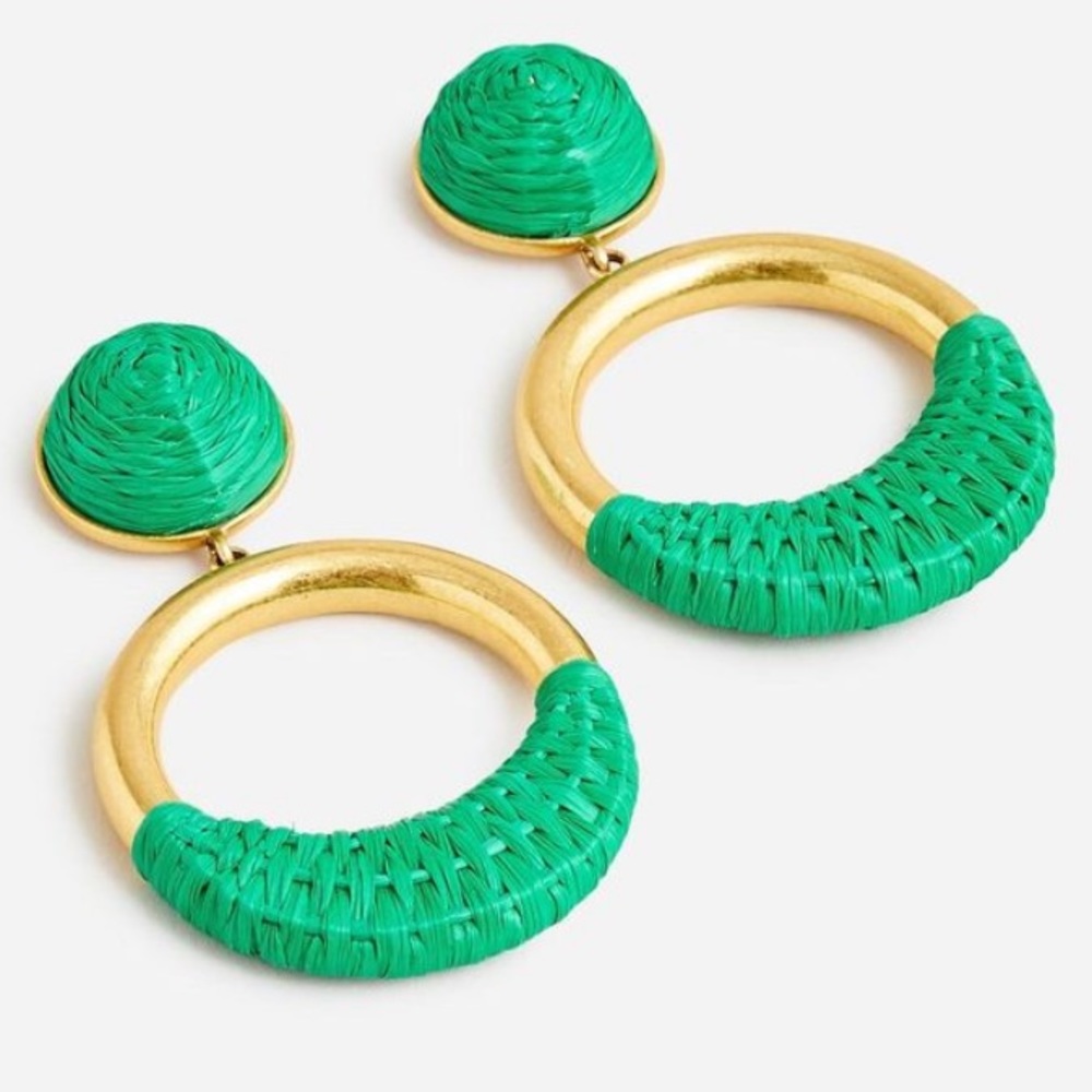 JCREW Faux- Raffia Wrapped Hoop Earrings NWT Summer Green